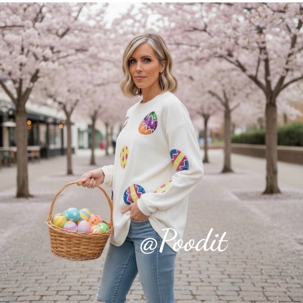 Sequin egg white corded Easter holiday pullover S M L XL 2 XL